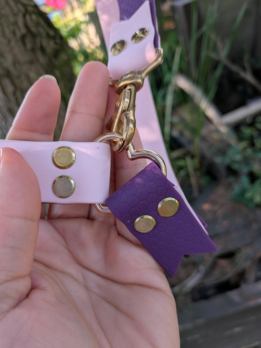 Laisse mains libres Biothane rose fuchsia et violet sur rondin de bois
