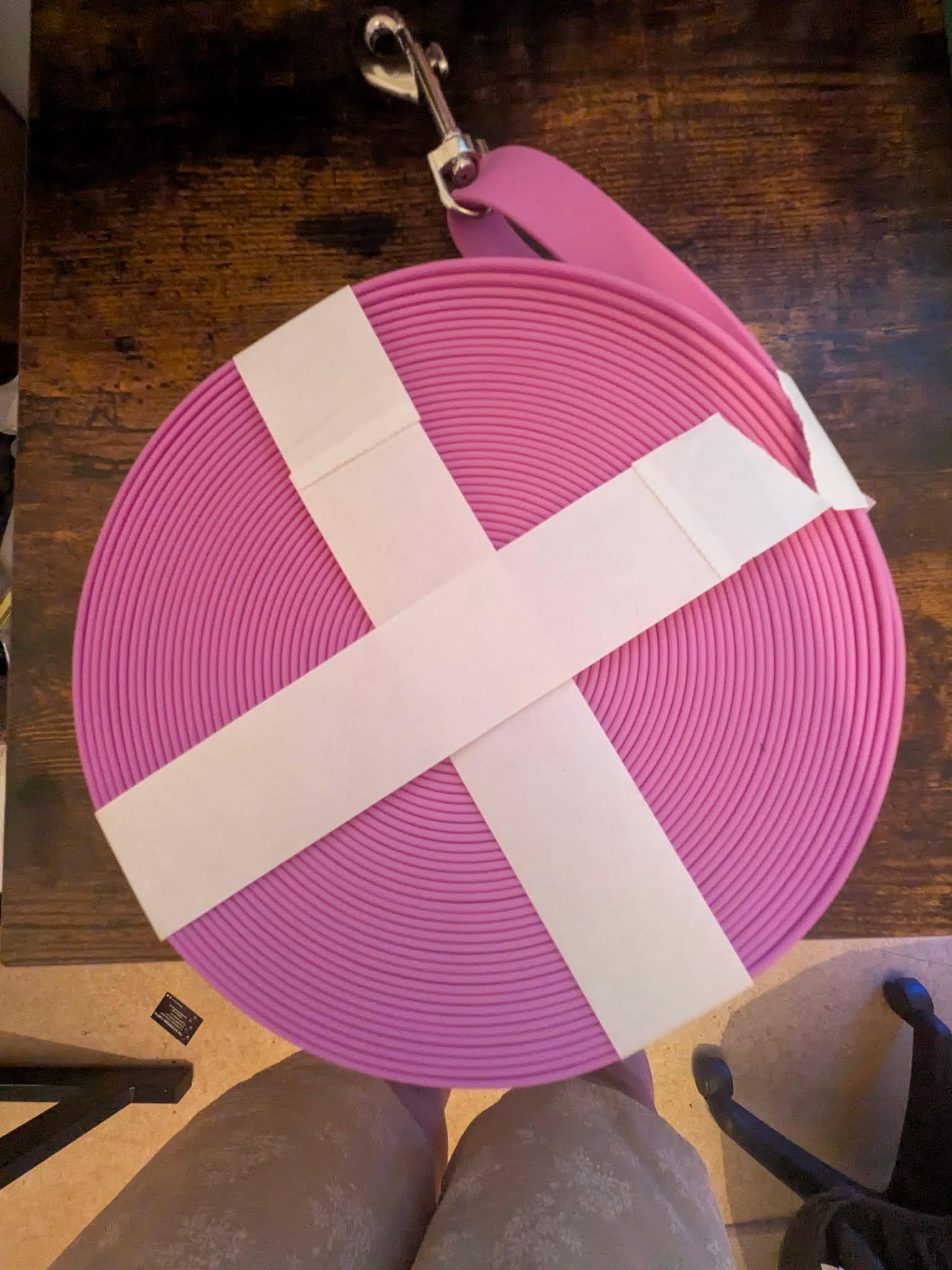 Longe Biothane Lavande Rosé 19mm - vue du dessus avec mousqueton