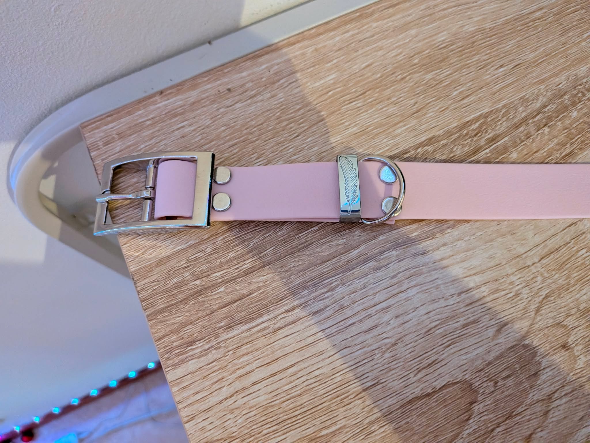 Collier Biothane Rose Poudré 25mm - détail boucle et plaquette